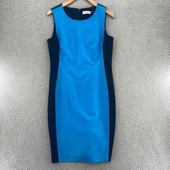 calvin klein sheath dress blue Calvin Klein | Dresses | Calvin Klein Dress Womens 6 Blue Colorblock Sheath  Rivet Studded Career Office